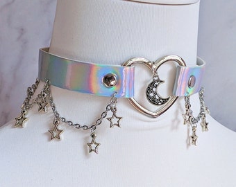 Pastel Goth Holographic Choker Necklace W. Silvery Stars and