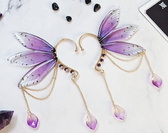 MacabreCuteCrafts Magical fairy ear cuffs butterfly wing earrings golden purple floral beads - fantasy cosplay jewelry no piercing morikei