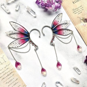 MacabreCuteCrafts fairy wing ear cuffs butterfly earrings purple-red magenta silver handmade fantasy wedding jewelry cosplay accessory larp