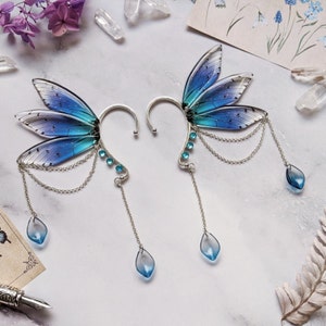 Magical fairy wing ear cuff butterfly earrings silvery frame blue flower beads (piercing free) - cosplay cottagecore fairycore pixie larp