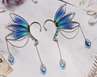 Magical fairy wing ear cuff butterfly earrings silvery frame blue flower beads (piercing free) - cosplay cottagecore fairycore pixie larp