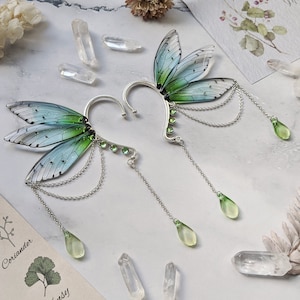 OLD VERSION: Magical fairy wing ear cuffs butterfly earrings green silvery (no piercing) - handmade fantasy jewelry cosplay fairycore nature