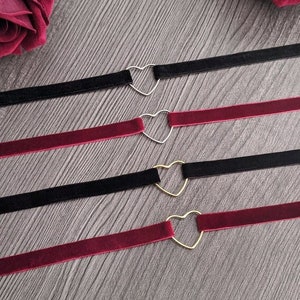 Cute black and red velvet chokers with silvery golden heart charm-romantic gift jiraki kei necklace jewelry gothic fashion accessory cosplay