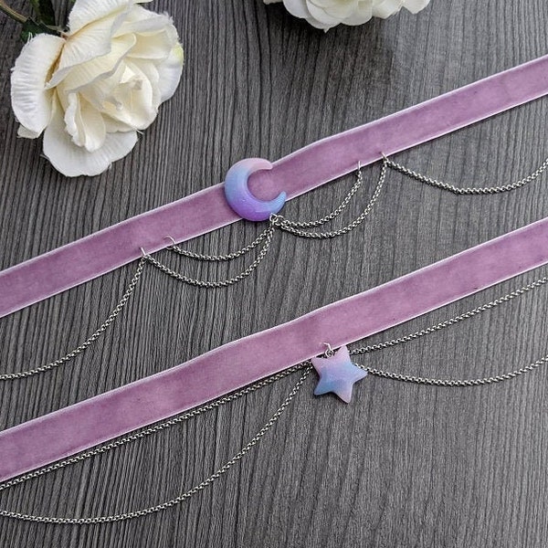 Kawaii fashion purple velvet choker with glittery resin moon or star and chains -  pastel goth yumekawaii genshin impact cosplay cutecore