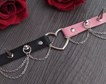 Rosa & svart pastellgoth chokerhalsband kedjor spikar alternativ gotisk - yamikawaii dubbel kawaii accessoar harajuku mode mjuk grunge