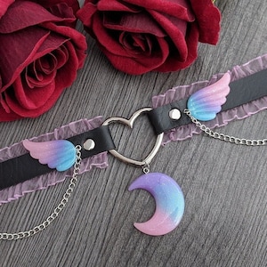 Pastel goth leather choker Midnight Moon yamikawaii purple black pink w. frills moon & wings - alt fashion cosplay dualkawaii jewelry