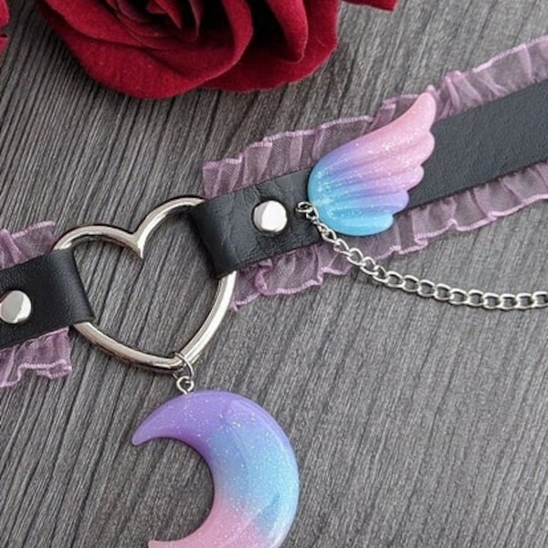 Pastel goth leather choker Midnight Moon yamikawaii purple black pink w. frills moon & wings - alt fashion cosplay dualkawaii jewelry