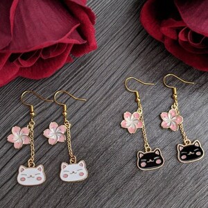 Kawaii fashion black/white cat sakura cherry blossom golden earrings - cute accessory jpop jewelry cosplay