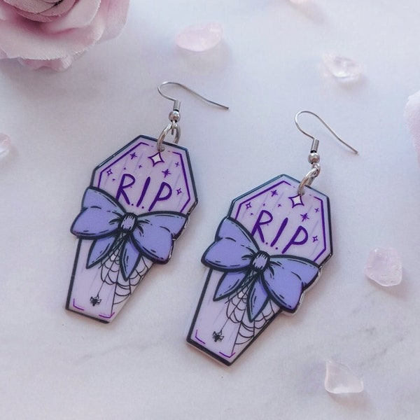 Pastel goth cute earrings purple coffin RIP rest in peace - yamikawaii fashion accessory soft goth jewelry cosplay non piercing option
