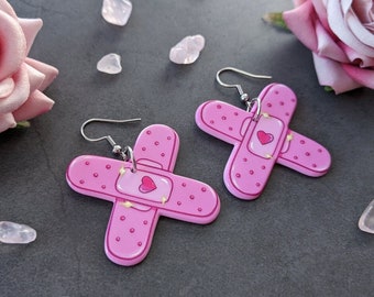 Pastel goth pink plaster earrings medical tape menhera kei accessory cute heart - yamikawaii fashion jewelry cosplay non piercing clips