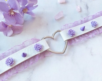 Yumekawaii cute leather choker white purple w. frills spikes roses - alternative fashion accessory pastel academia jewelry soft grunge