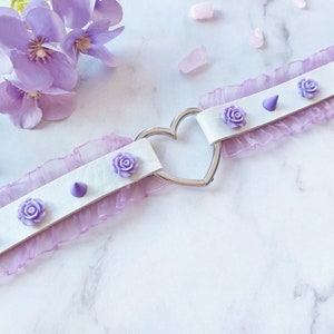 Handmade yumekawaii choker necklace with vegan leather choker purple frills spikes roses - alternative fashion accessory pastel goth collar
