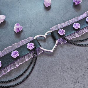 MacabreCuteCrafts romantic gothic black leather choker w. purple roses frills chains-cute fashion pastel goth dual kawaii cosplay soft goth image 1