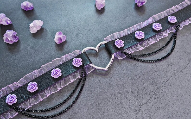 MacabreCuteCrafts romantic gothic black leather choker w. purple roses frills chains-cute fashion pastel goth dual kawaii cosplay soft goth image 1