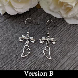 Romantiska goth örhängen silverfärgade rosetter och vingar/hjärtan - mörk mode outfit smycken söt häxstil jiraikei accessoar - present till gothic älskare B) wing