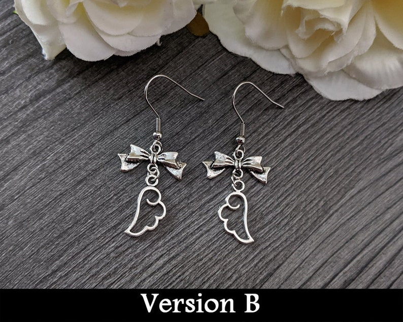 Romantiska goth örhängen silverfärgade rosetter och vingar/hjärtan - mörk mode outfit smycken söt häxstil jiraikei accessoar - present till gothic älskare B) wing