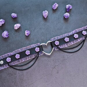 MacabreCuteCrafts romantic gothic black leather choker w. purple roses frills chains-cute fashion pastel goth dual kawaii cosplay soft goth image 2