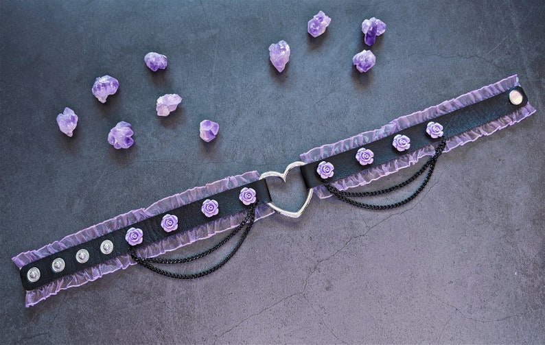 MacabreCuteCrafts romantic gothic black leather choker w. purple roses frills chains-cute fashion pastel goth dual kawaii cosplay soft goth image 2