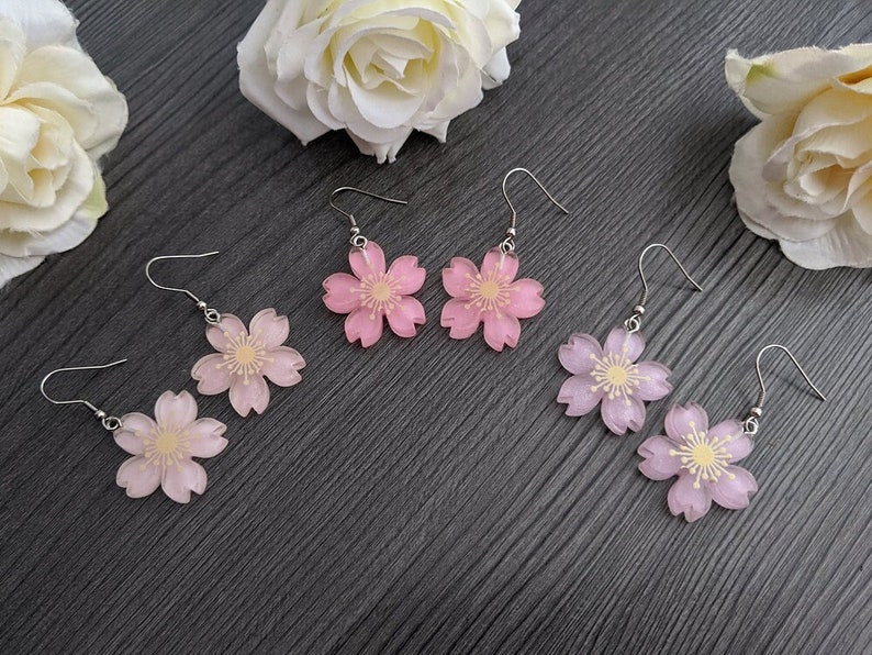 Cute sakura flower resin earrings pink purple white kawaii fashion cherry blossom accessory yumekawaii jewelry sweet lolita mori kei image 1