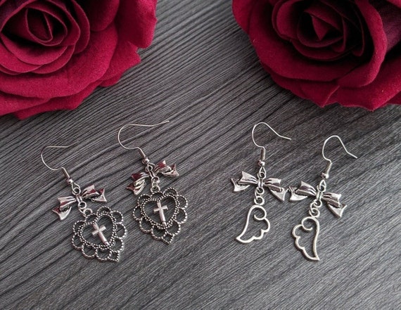 Romantic goth earrings silvery bows & wings/hearts - dark fashion outfit jewelry cute witch style jiraikei accessory-gift for gothic lovers