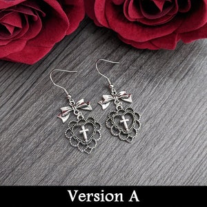 Romantiska goth örhängen silverfärgade rosetter och vingar/hjärtan - mörk mode outfit smycken söt häxstil jiraikei accessoar - present till gothic älskare A) heart