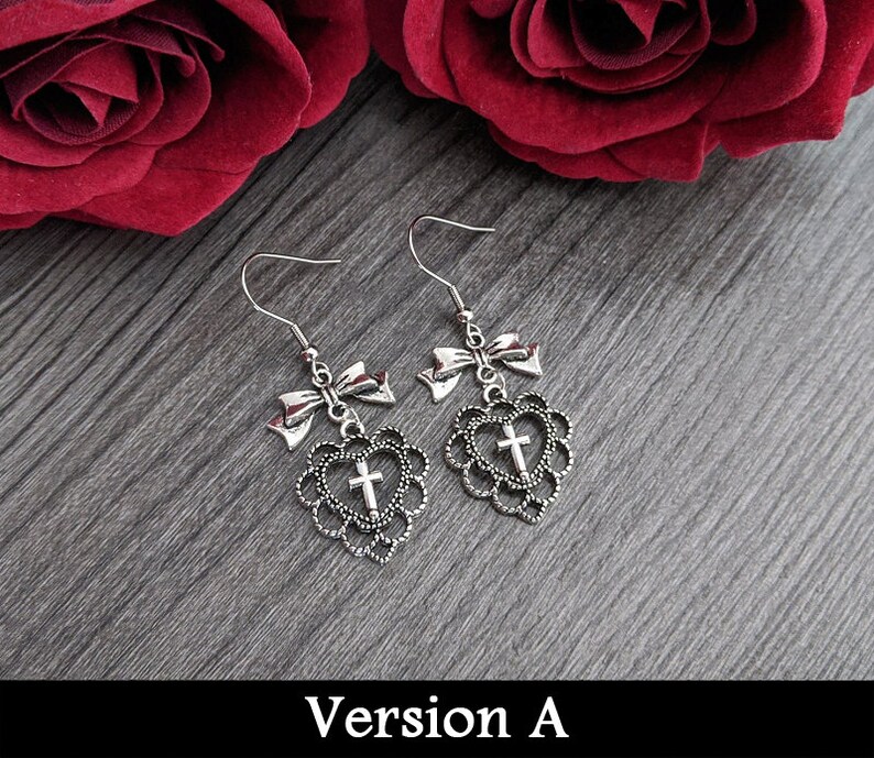 Romantiska goth örhängen silverfärgade rosetter och vingar/hjärtan - mörk mode outfit smycken söt häxstil jiraikei accessoar - present till gothic älskare A) heart