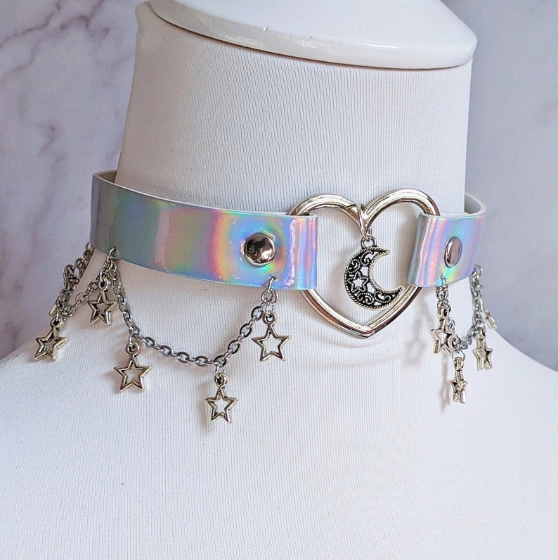 Pastel goth holographic choker necklace w. silvery stars and moon fairykei cosplay egirl eboy reflective jewerly unicorncore yumekawaii image 1