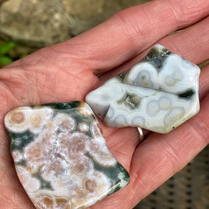 May include: Two polished, natural, green, white, and brown ocean jasper stones with a swirling pattern.