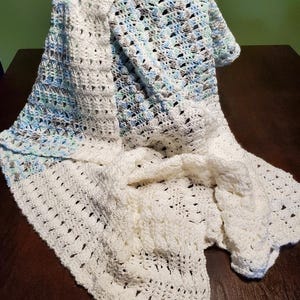 White, Blue, Green and Grey Handmade Crochet Baby/Lap Blanket