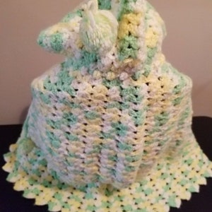 Vintage Green, Yellow and White Handmade Crochet Baby Cape with Hood