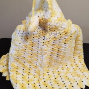 Vintage Yellow and White Handmade Crochet Baby Cape with Hood and Booties