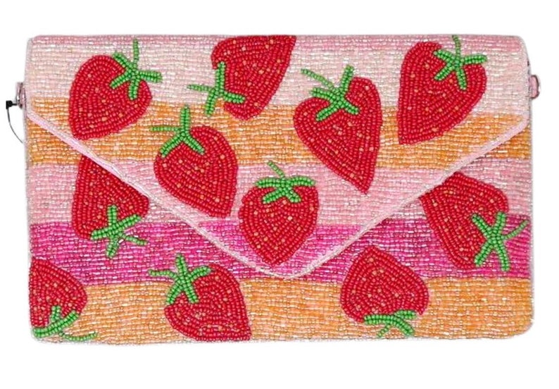 Strawberry Stripes Beaded Crossbody Clutch Bag Boho Handbag image 1