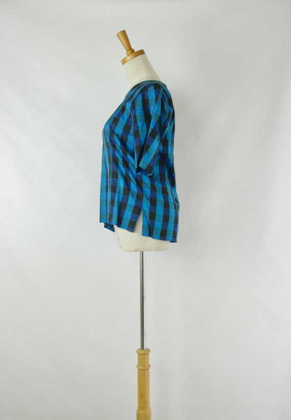 Electric Blue and black check silk top. Womens pl… - image 6