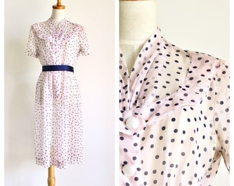 1940s pale pink polka dot sheer dress. 40s 50s sheer dress. Vintage Pink sheer shirt dress. Navy and pink polka dot day dress. M -L