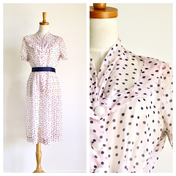 1940s pale pink polka dot sheer dress. 40s 50s sh… - image 1