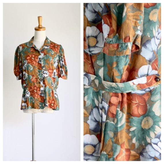 1930s/40s silk floral blouse. Fall flowers blouse.
