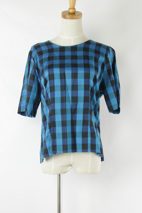 Electric Blue and black check silk top. Womens pl… - image 7