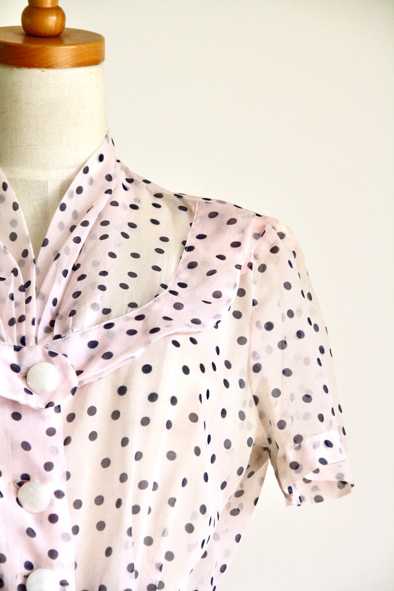 Vintage Pink sheer shirt dress Navy and pink polka dot day dress M -L 1940s pale pink polka dot sheer dress 40s 50s sheer dress