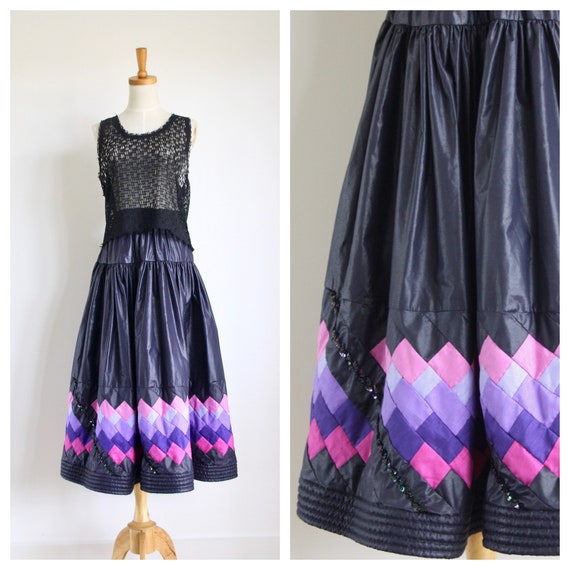 Navy blue patchwork skirt. 1980s vintage folk skir