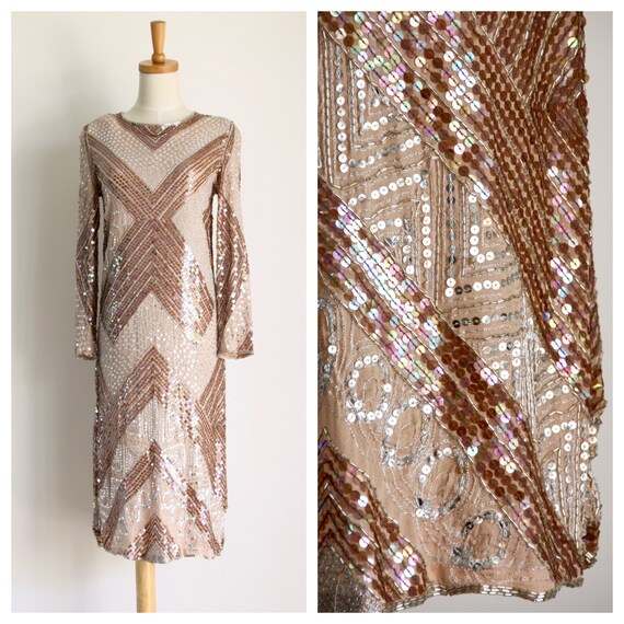 Vintage sequin sheath dress. Adolfo Tan sequin par