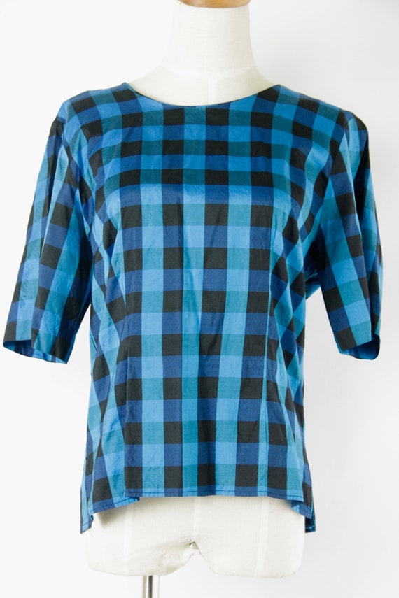 Electric Blue and black check silk top. Womens pl… - image 2