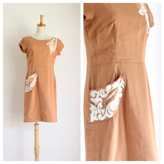 1940s linen applique dress. 1940s linen terracotta