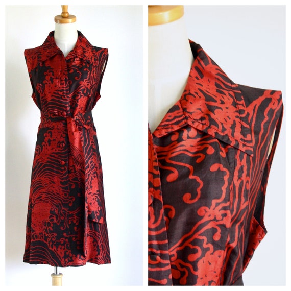 Vintage red silk dress. Chinoiserie dress. Raw sil