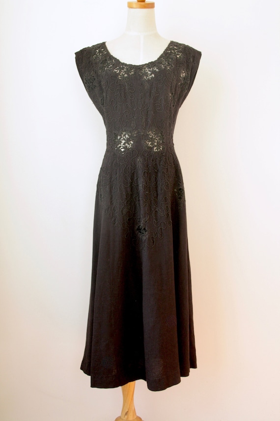 1940s Black Soutache dress. Linen cut out soutache