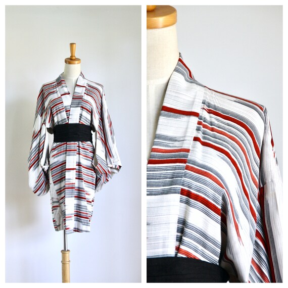 Grey red striped kimono. Grey abstract kimono. Str