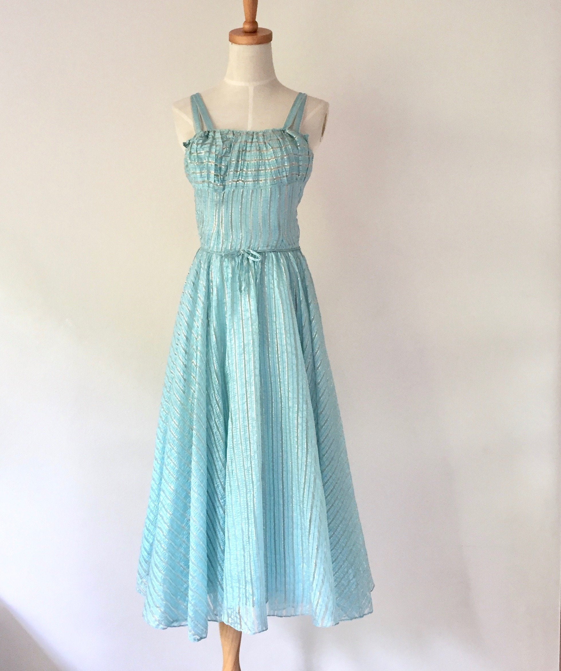 Pale Blue and Gold Party Dress. 1950s 