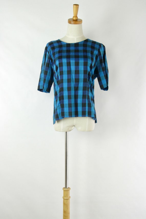 Electric Blue and black check silk top. Womens pl… - image 3