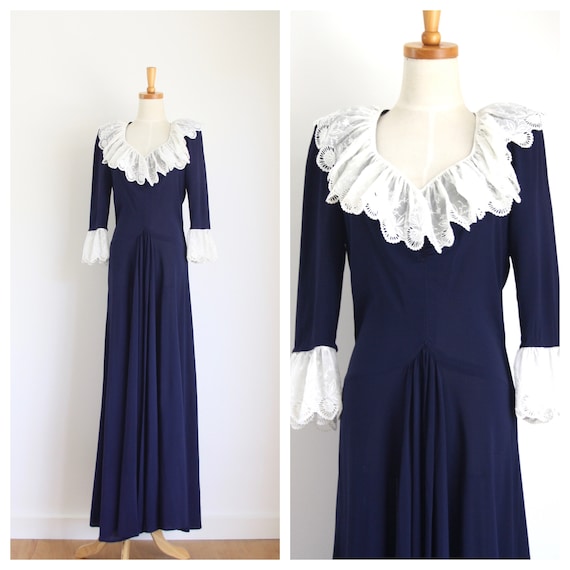 30s Blue crepe ruffle gown. Ink blue 1930s dress.
