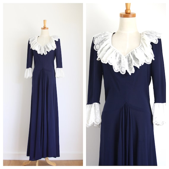 30s Blue crepe ruffle gown. Ink blue 1930s dress.… - image 1