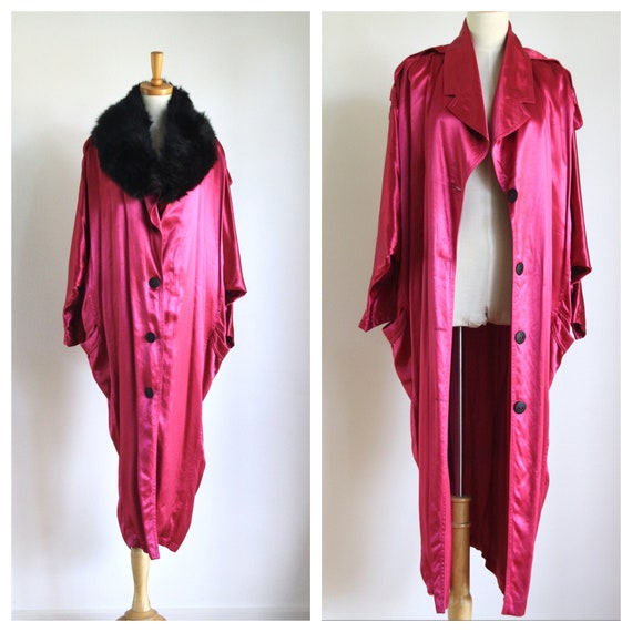Vintage magenta satin coat. 1980s pink trench coat